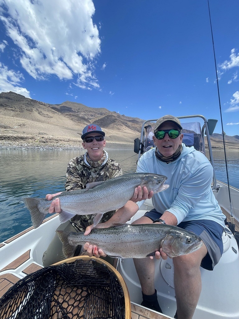 Fly Fishing Pyramid Lake Lahontan Cutthroat Double to the Boat